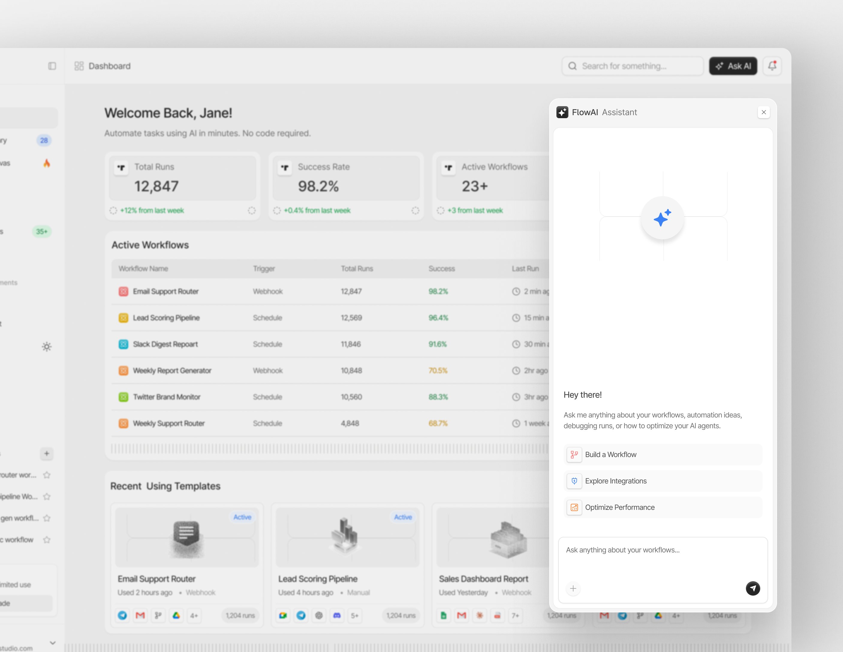 FlowAI assistant chat panel UI
